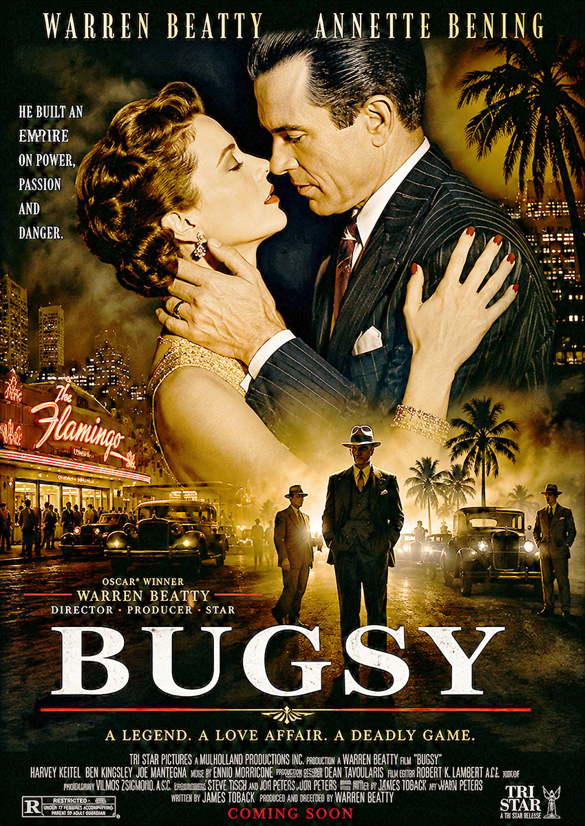 Classic Bugsy 1991 movie poster featuring Warren Beatty and Annette Bening in a dramatic cinematic composition
